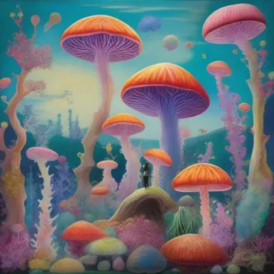 The artist's latest painting depicted a surreal landscape, with vibrant antheridiophores growing alongside fantastical creatures.