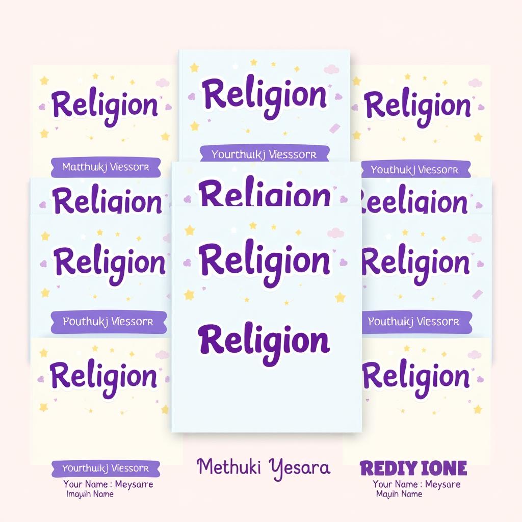 A collection of cute book covers with a theme of 'Religion,' featuring a variety of charming designs stacked at the top of the page