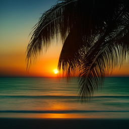 A vivid sunset over a calm, teal ocean with a silhouette of a tall coconut tree on a desolate sandy beach