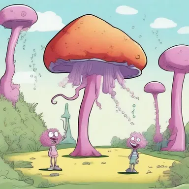 In the whimsical cartoon world, a mischievous character stumbled upon a giant antheridiophore, causing chaos and hilarity to ensue.