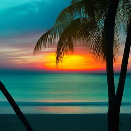 A vivid sunset over a calm, teal ocean with a silhouette of a tall coconut tree on a desolate sandy beach