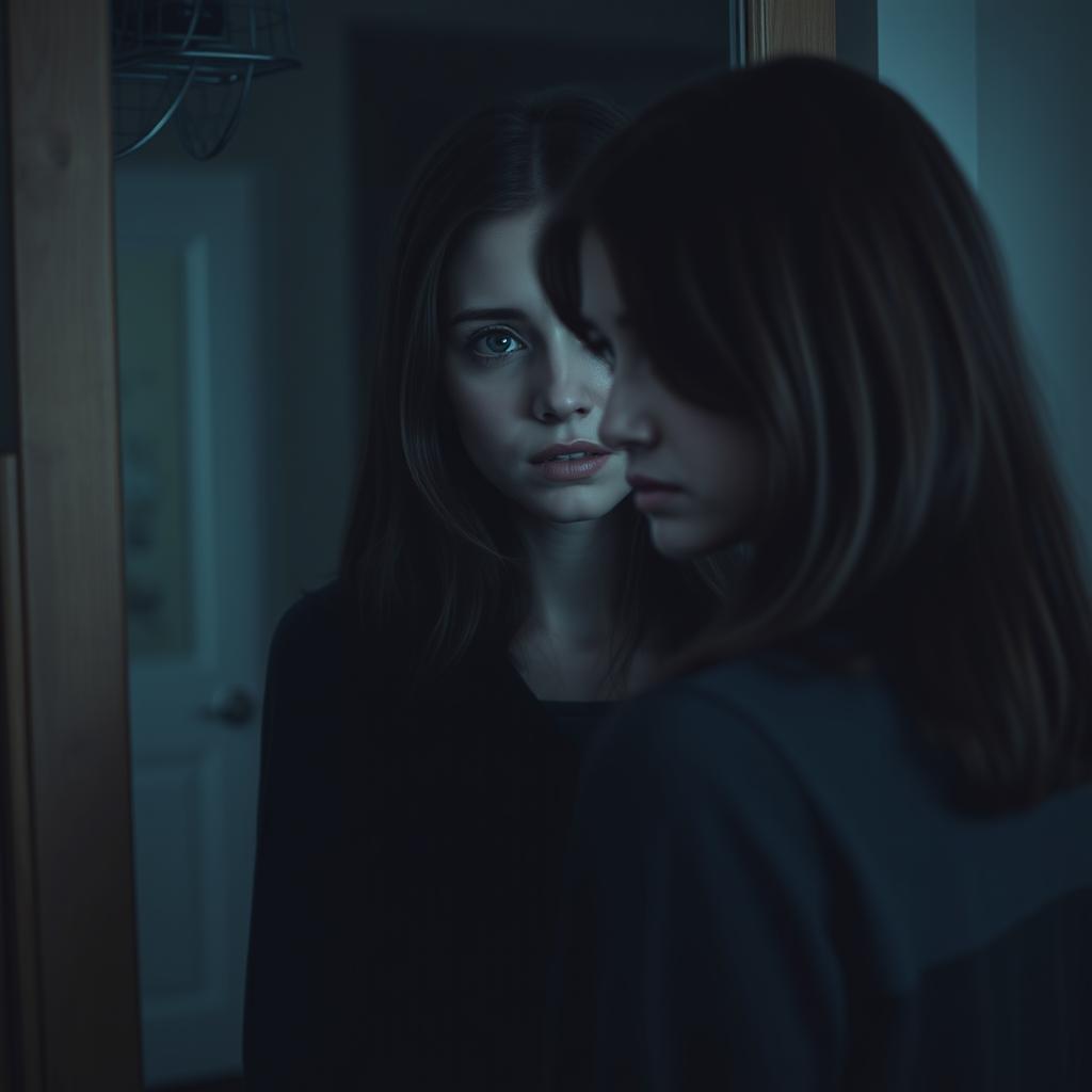 A realistic photo of a beautiful 30-year-old brunette girl named Emily with medium-length hair, standing by a mirror