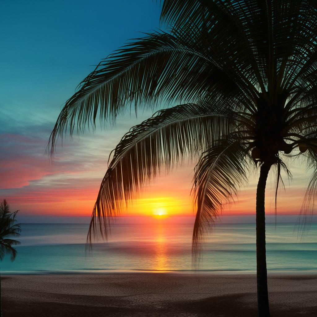 A vivid sunset over a calm, teal ocean with a silhouette of a tall coconut tree on a desolate sandy beach