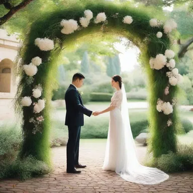 In the enchanting garden, the couple declared their eternal love beneath a magnificent arch made of intertwined antheridiophores.