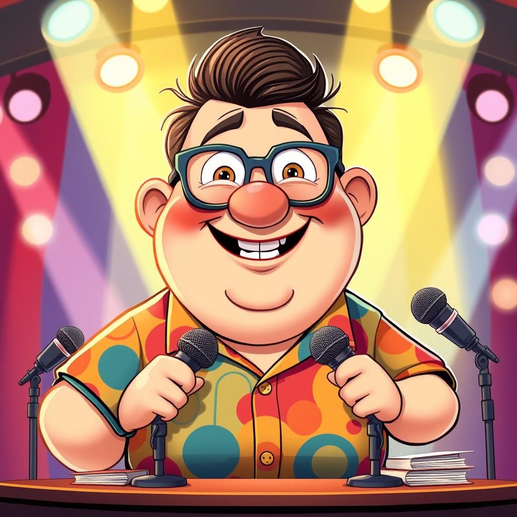 An illustration of the character GordoPilo from the Spanish humor show Gomaespuma, depicted as a plump and cheerful man with a distinctive round face, wearing a colorful shirt and oversized glasses