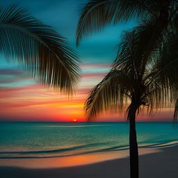 A vivid sunset over a calm, teal ocean with a silhouette of a tall coconut tree on a desolate sandy beach