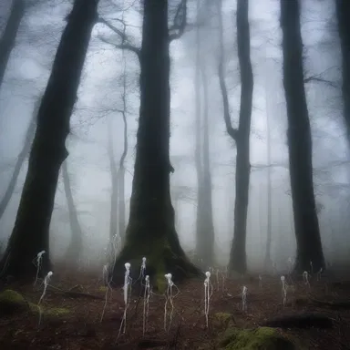 The eerie forest was filled with menacing antheridiophores that emitted a ghostly glow, causing anyone who touched them to disappear forever.