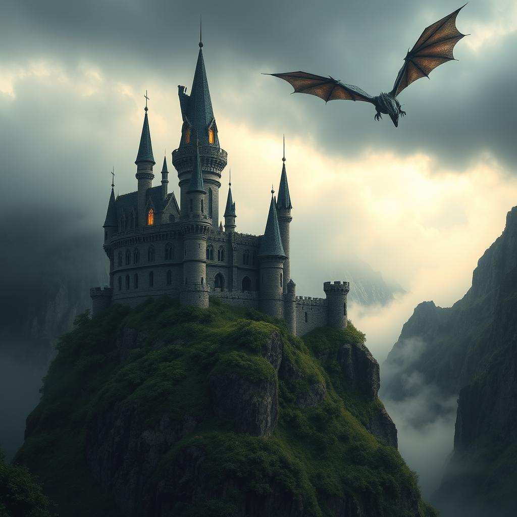 A breathtaking ancient magical castle perched on a rocky cliff surrounded by spooky, mist-covered mountains