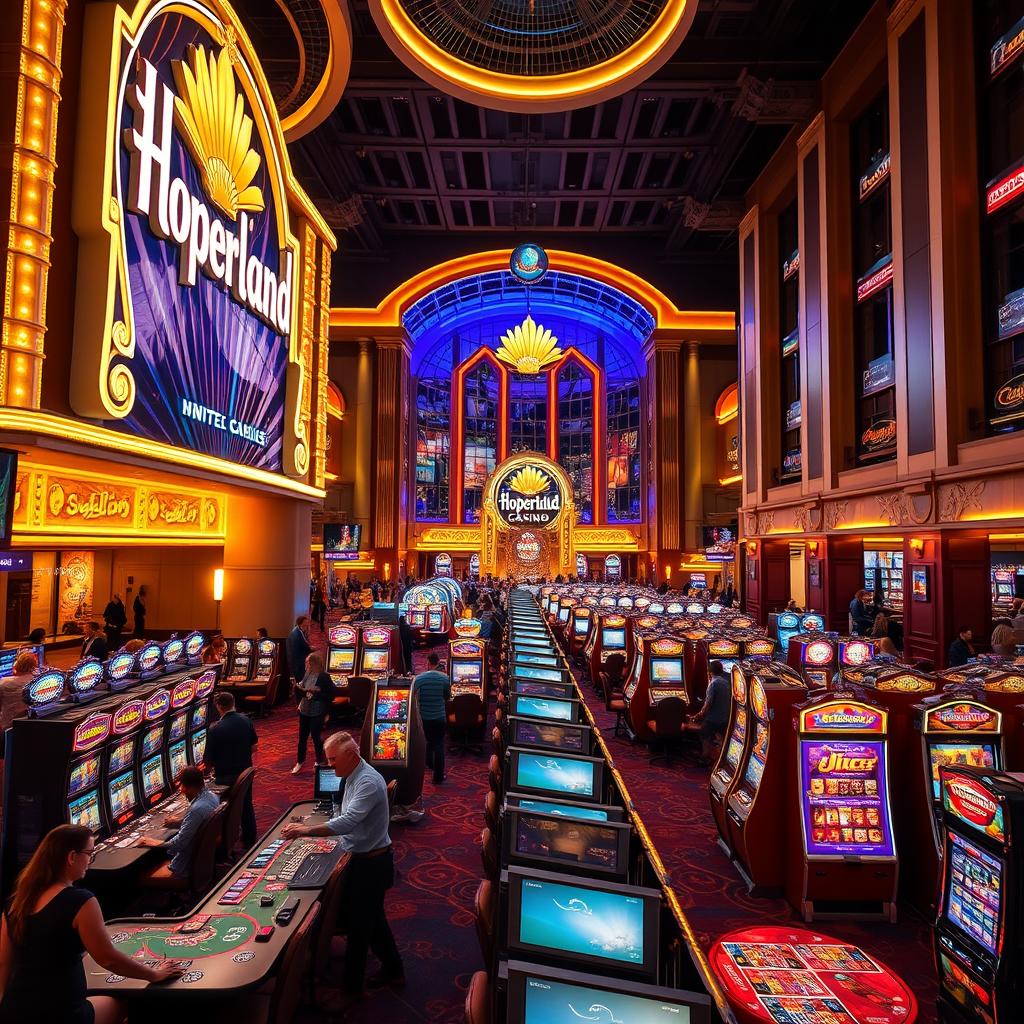 A vibrant and bustling casino environment showcasing the Hoperland casino building, featuring large illuminated signage and an extravagant architecture that reflects a modern casino vibe