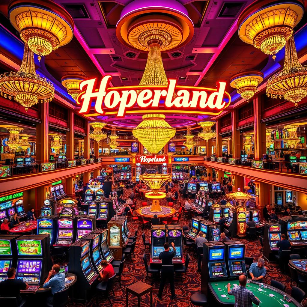 A vast and luxurious casino interior, featuring a vibrant and lively atmosphere filled with excited gamblers playing various games of chance