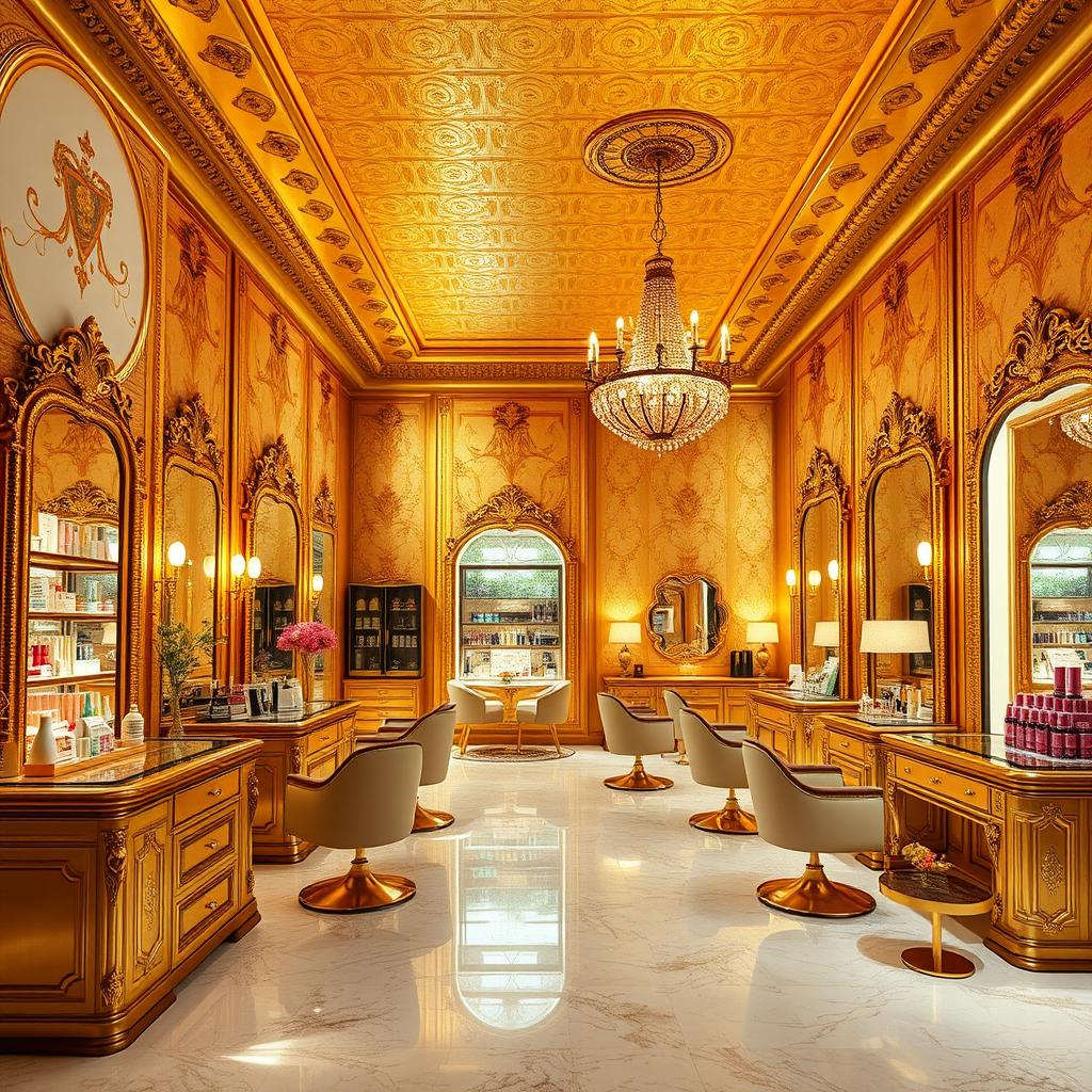 A lavish and opulent cosmetic salon named 'Dream Beauty Salon' featuring a stunning golden interior