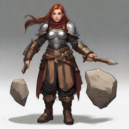 A powerful female dwarf kineticist, aligned with wood and earth, dressed in formidable heavy armor. She exudes her force to levitate fragments of stone and wood, orbiting around her.