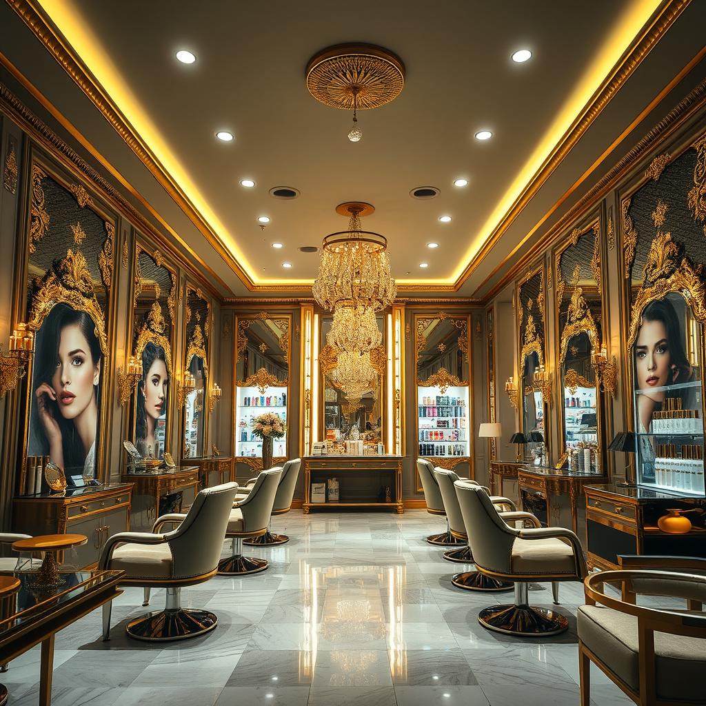 A luxurious and stylish interior of a high-end beauty salon named 'Dremm Beauty Salon'