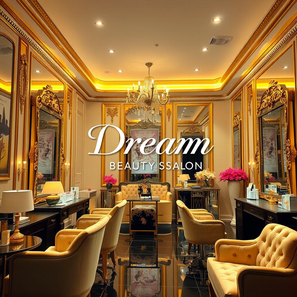 A luxurious and stylish interior of a beauty salon named 'Dream Beauty Salon'