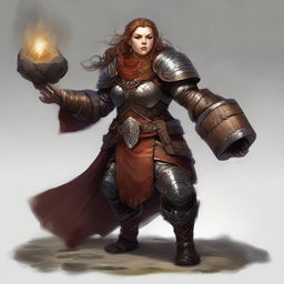 A powerful female dwarf kineticist, aligned with wood and earth, dressed in formidable heavy armor. She exudes her force to levitate fragments of stone and wood, orbiting around her.