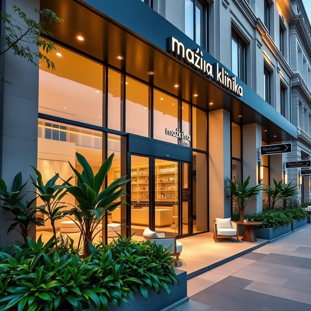 A big luxury aesthetic clinic named 'Maťkina klinika' prominently displayed on the building facade