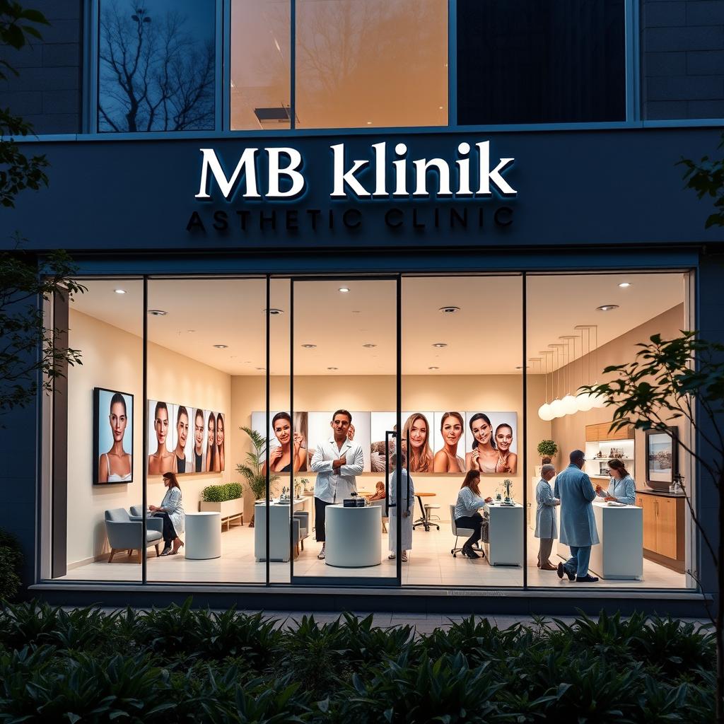 A large, modern aesthetic clinic named 'MB Kliník', prominently displayed on the building facade