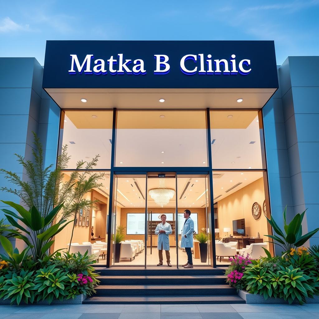 A large, modern clinic building named 'Matka B Clinic' prominently displayed on the exterior