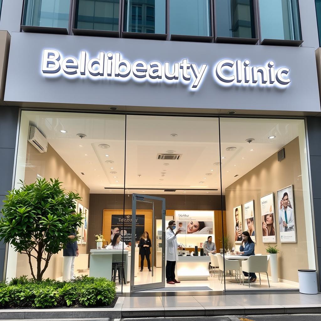 A large, modern aesthetic clinic named 'Beldibeauty Clinic' prominently displayed on the building facade