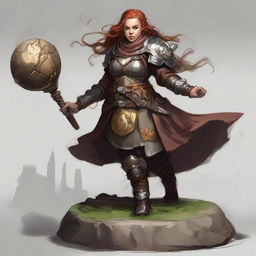 A powerful female dwarf kineticist, aligned with wood and earth, dressed in formidable heavy armor. She exudes her force to levitate fragments of stone and wood, orbiting around her.