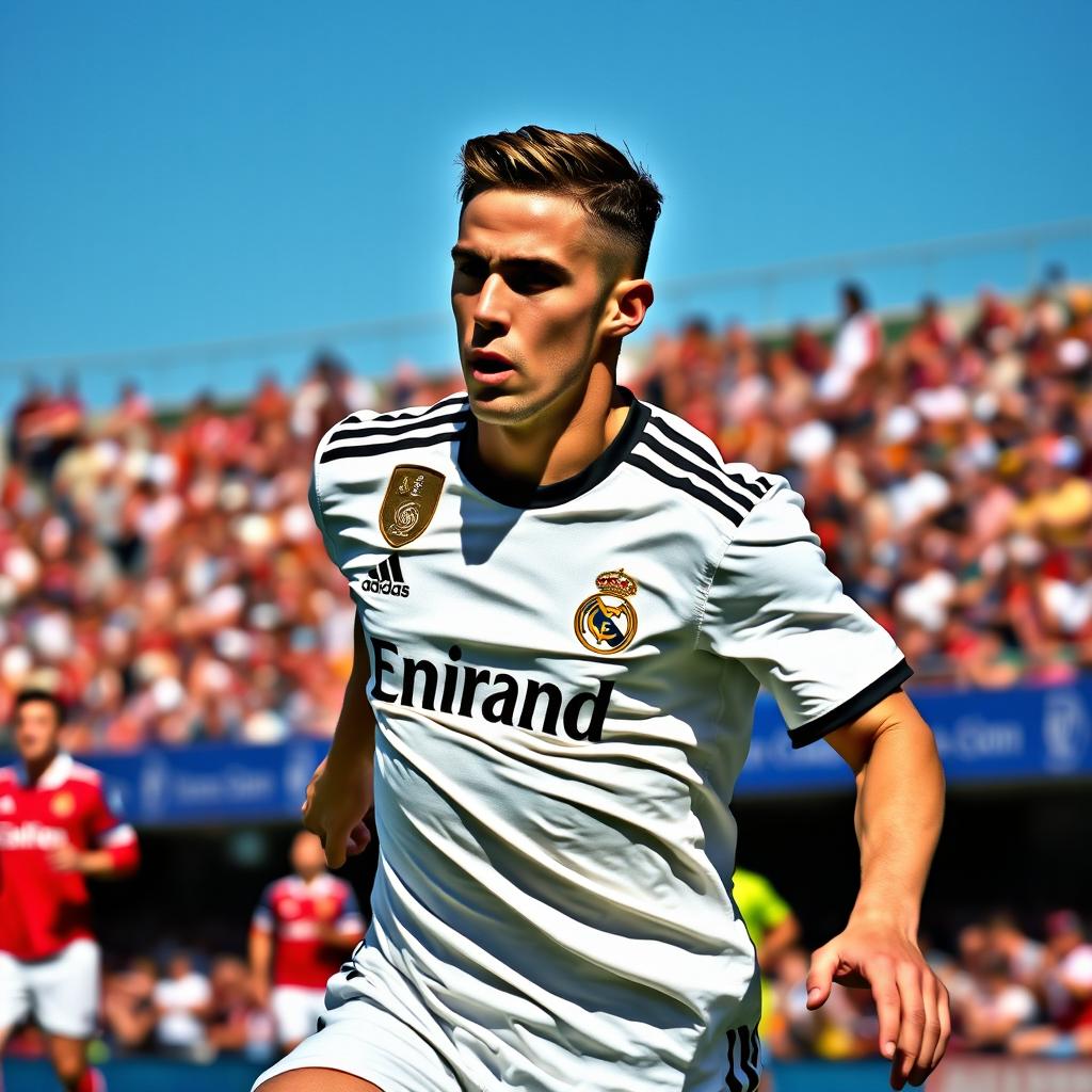 A player wearing a Real Madrid football shirt, mid-action in a dynamic soccer pose, showcasing the club's vibrant jersey