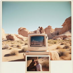 An aged Polaroid picture capturing an 80s computer mounted on a post in the desert, with a couple kissing on the side, evoking a sense of nostalgia.