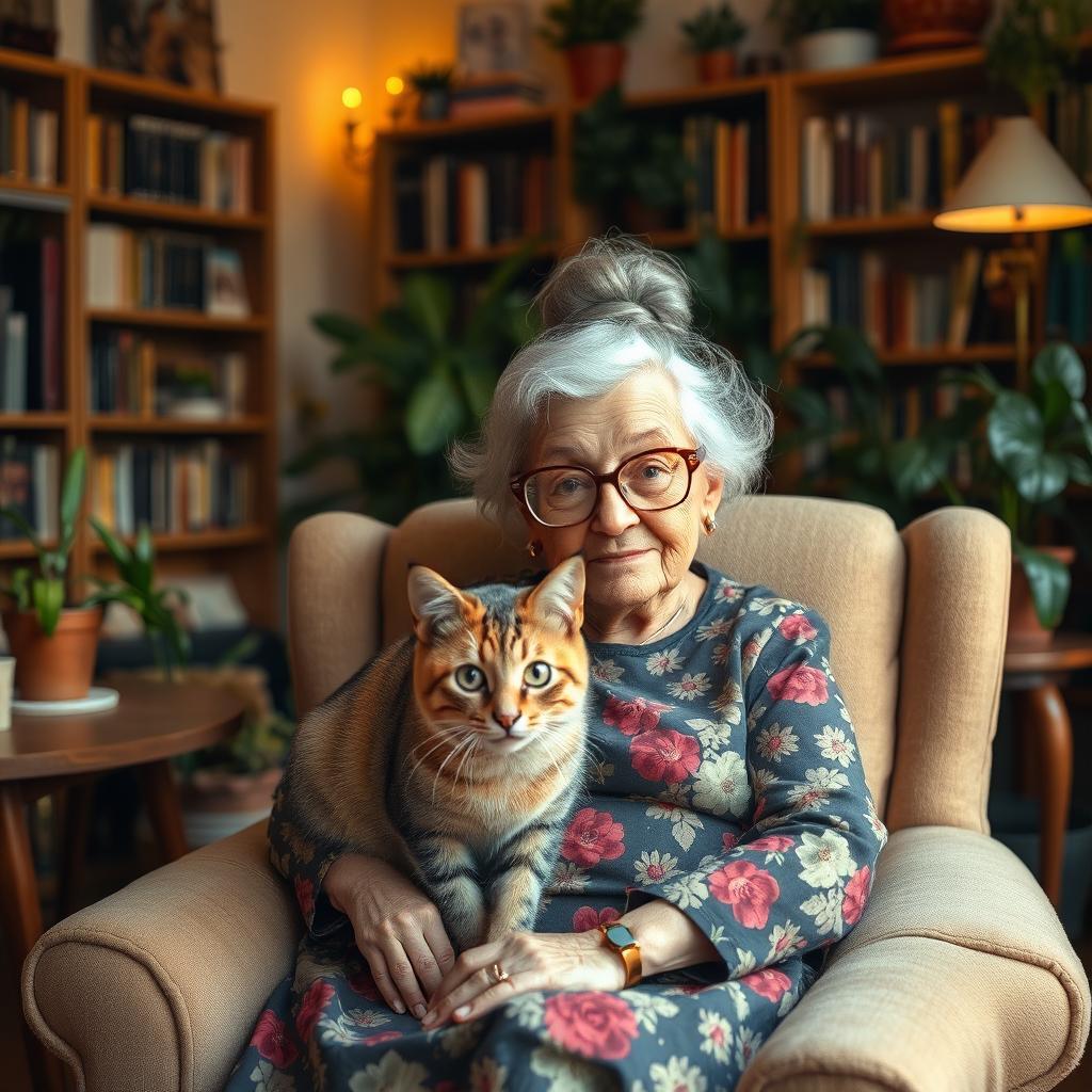 A whimsical scene featuring an elderly woman sitting on a cozy armchair with a curious three-eyed cat perched on her lap
