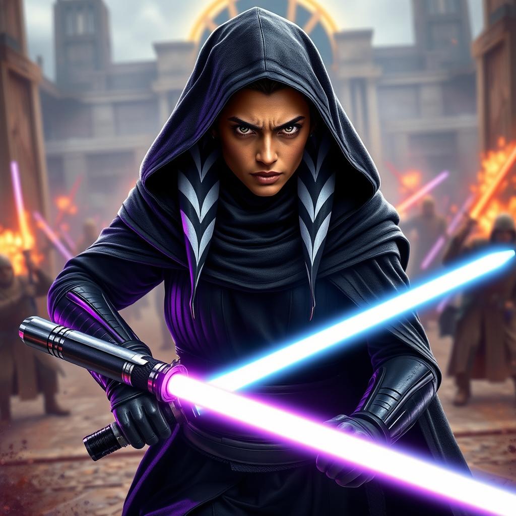 A realistic image of a fierce Jedi warrior dressed in black armor akin to Master Kenobi's style, wearing a flowing black Jedi cloak with the hood pulled up