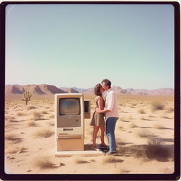 An aged Polaroid picture capturing an 80s computer mounted on a post in the desert, with a couple kissing on the side, evoking a sense of nostalgia.