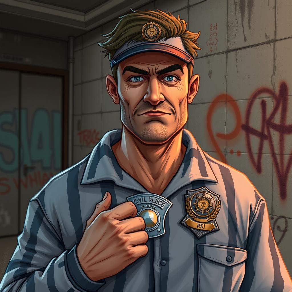 An illustrative image of a corrupt civil police officer, depicted as a man in prison attire, proudly showing his police badge
