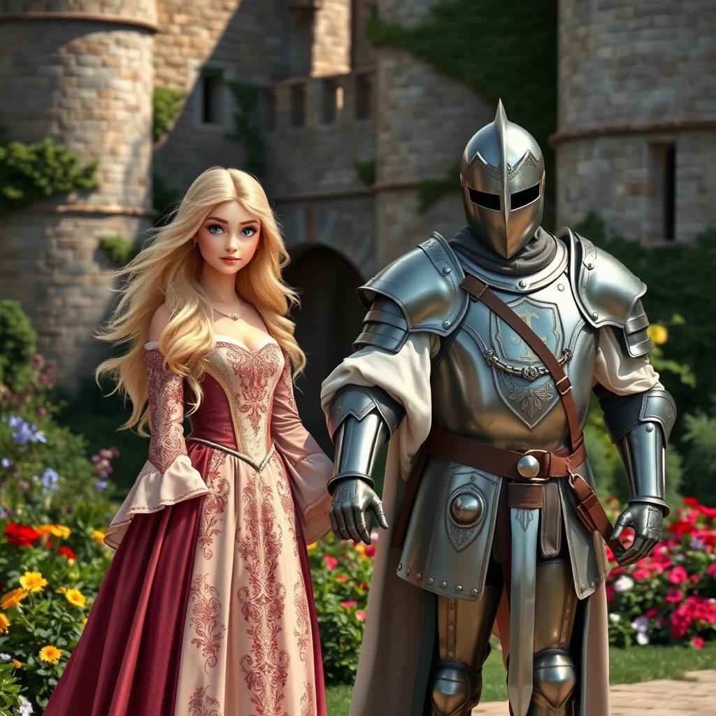 A medieval princess with flowing blond hair and striking blue eyes, dressed in an elegant gown adorned with intricate embroidery