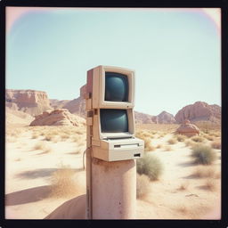 An aged Polaroid picture capturing an 80s computer mounted on a post in the desert, with a couple kissing on the side, evoking a sense of nostalgia.