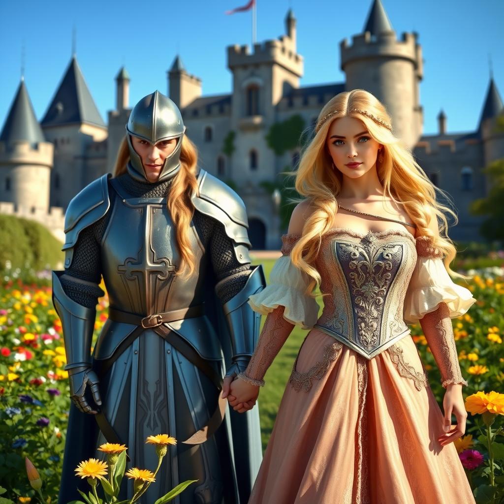 A medieval princess with flowing blond hair and striking blue eyes, adorned in an elegant gown with intricate details