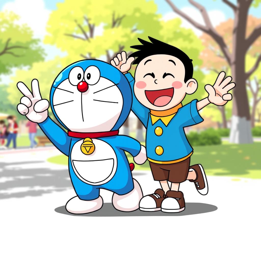 Doraemon and Nobita posing dynamically to form the shape of the letter V, in a vibrant cartoon style