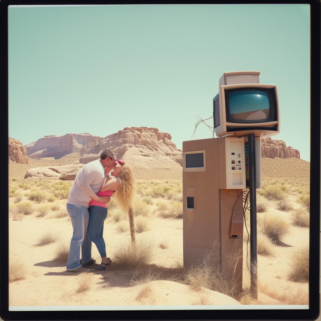 An aged Polaroid picture capturing an 80s computer mounted on a post in the desert, with a couple kissing on the side, evoking a sense of nostalgia.