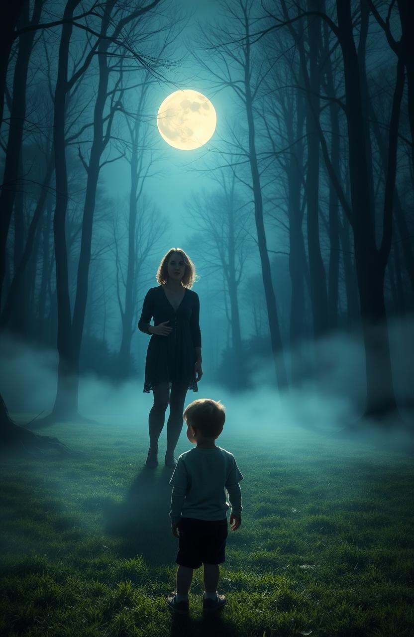 A serene, misty moonlit open forest scene, with Julia standing beside her 35-year-old son, Marcus