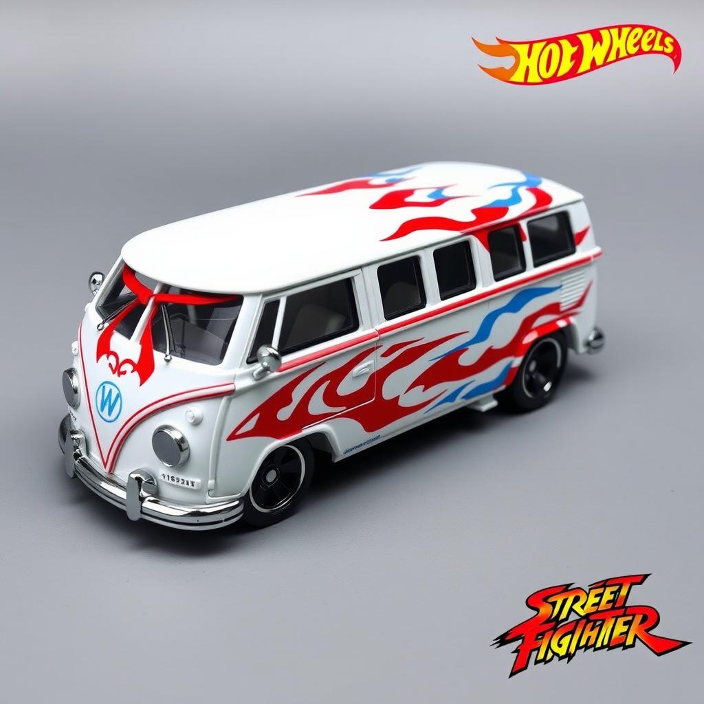 A custom Hot Wheels Kool Kombi designed with colors and patterns inspired by the character Ryu from Street Fighter