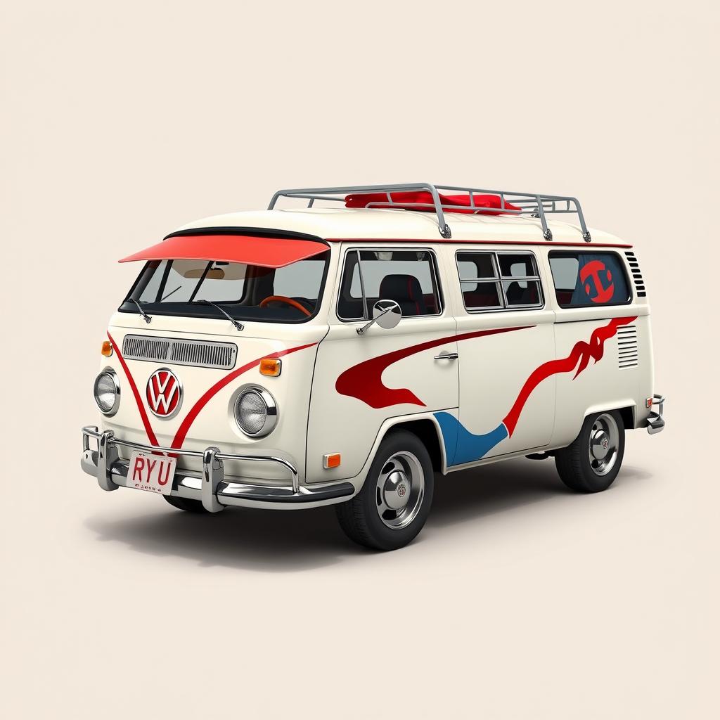 A Kool Kombi inspired by the character Ryu from the video game Street Fighter, featuring a design characterized by the colors and elements that represent Ryu without any logos or brands