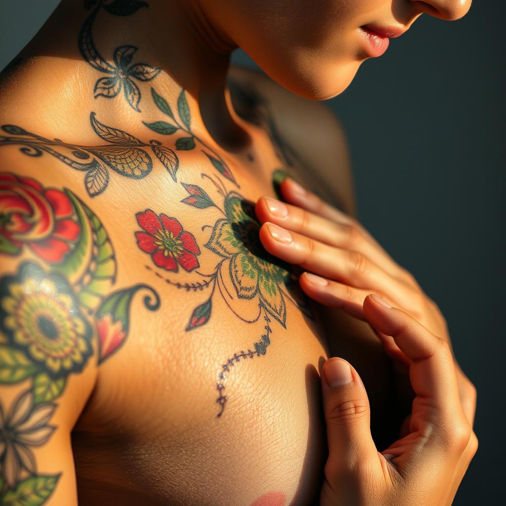 A close-up image of a person's skin adorned with intricate and colorful body art, featuring beautiful designs like flowers, geometric patterns, and abstract shapes, showcasing the vibrancy of the ink against the texture of the skin