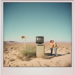 Old Polaroid photo showing an 80s computer on a post in the desert, with a young couple kissing subtly on the side.