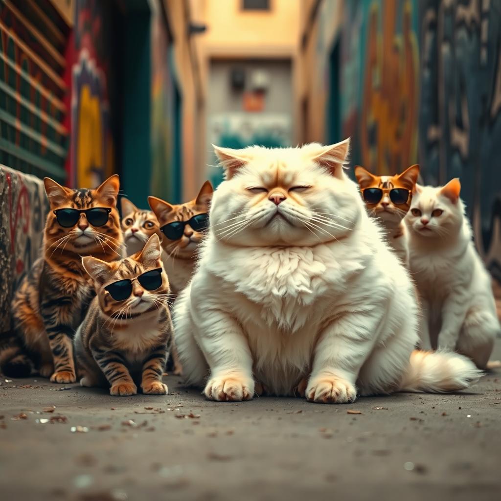 A fat white cat looking slightly dejected, surrounded by a group of cool-looking cats with sunglasses and stylish fur, in an urban alley setting