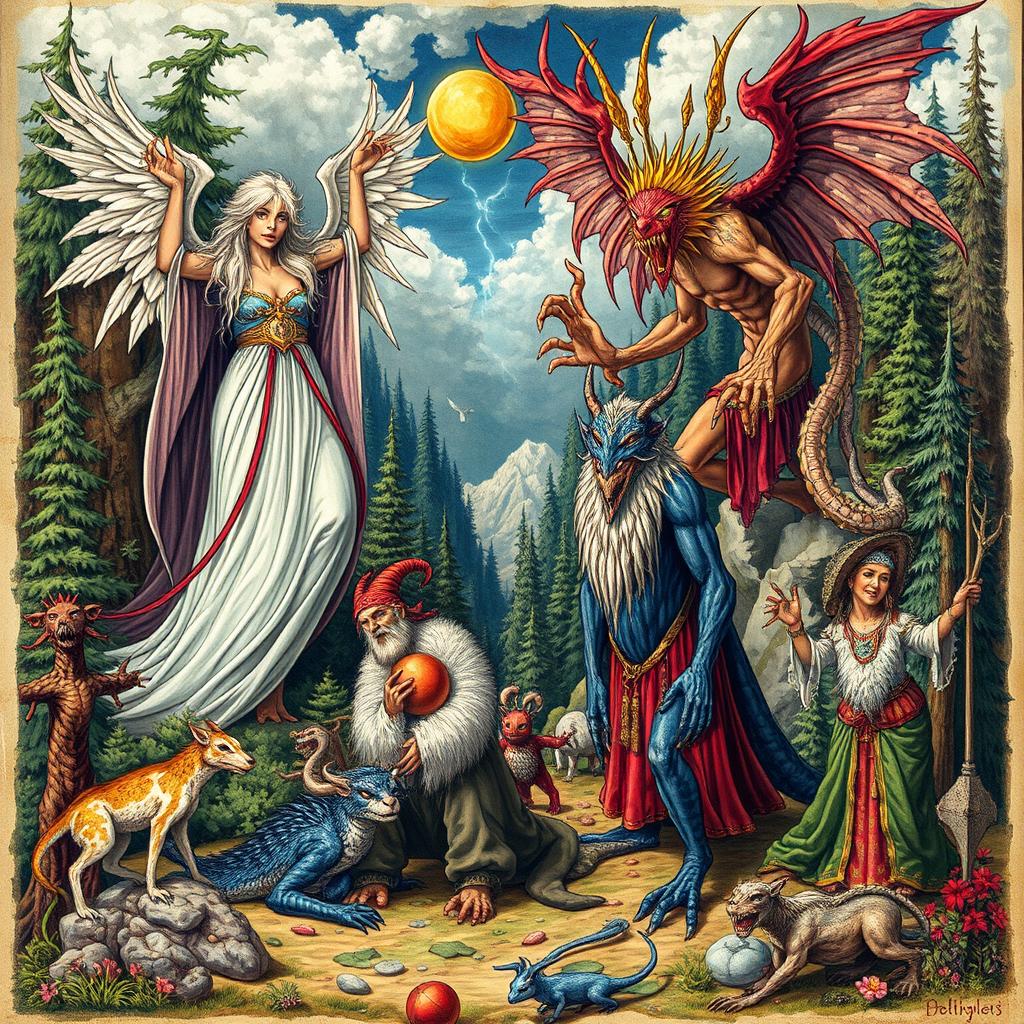 A vibrant and detailed illustration of legendary and mythological creatures from Baltic folklore, showcasing a variety of beings
