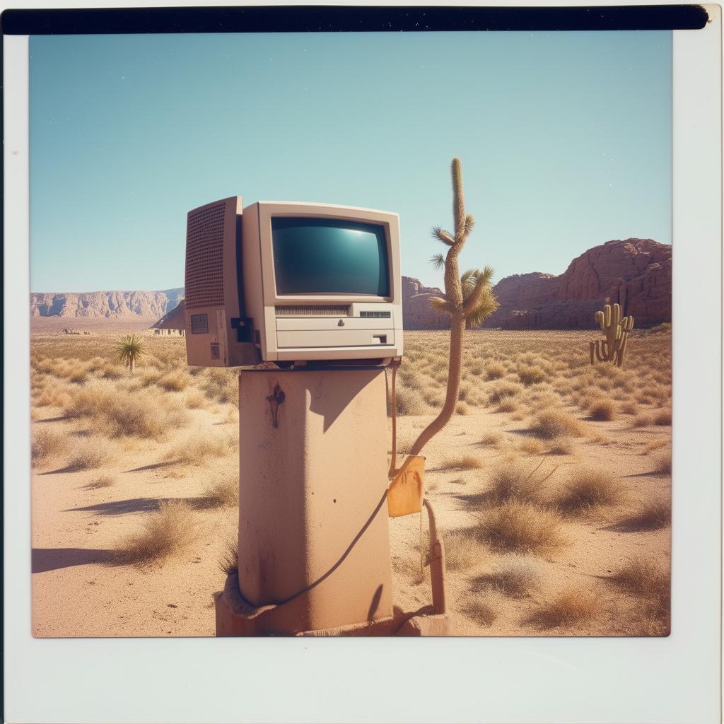 Old Polaroid photo showing an 80s computer on a post in the desert, with a young couple kissing subtly on the side.