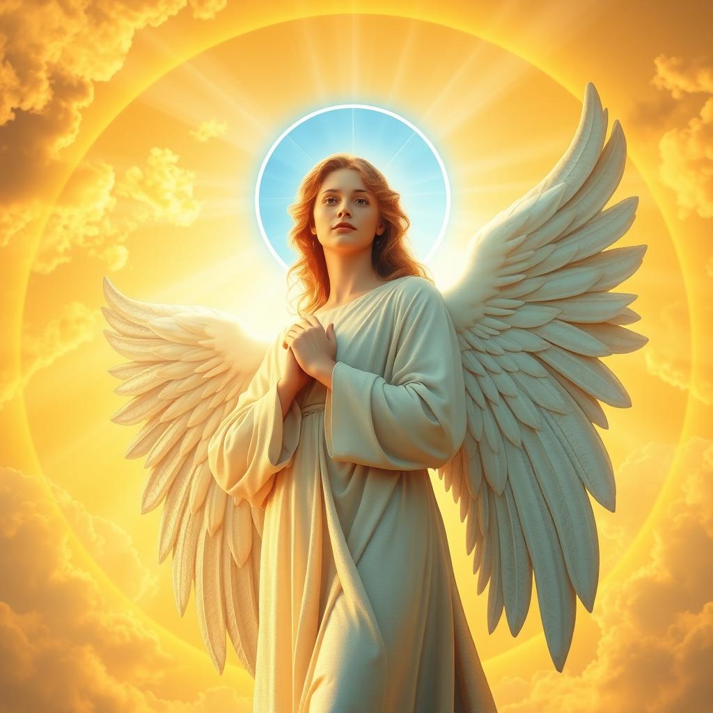 A majestic angel with a radiant blue halo, standing gracefully against a stunning golden sky that forms a perfect circular backdrop
