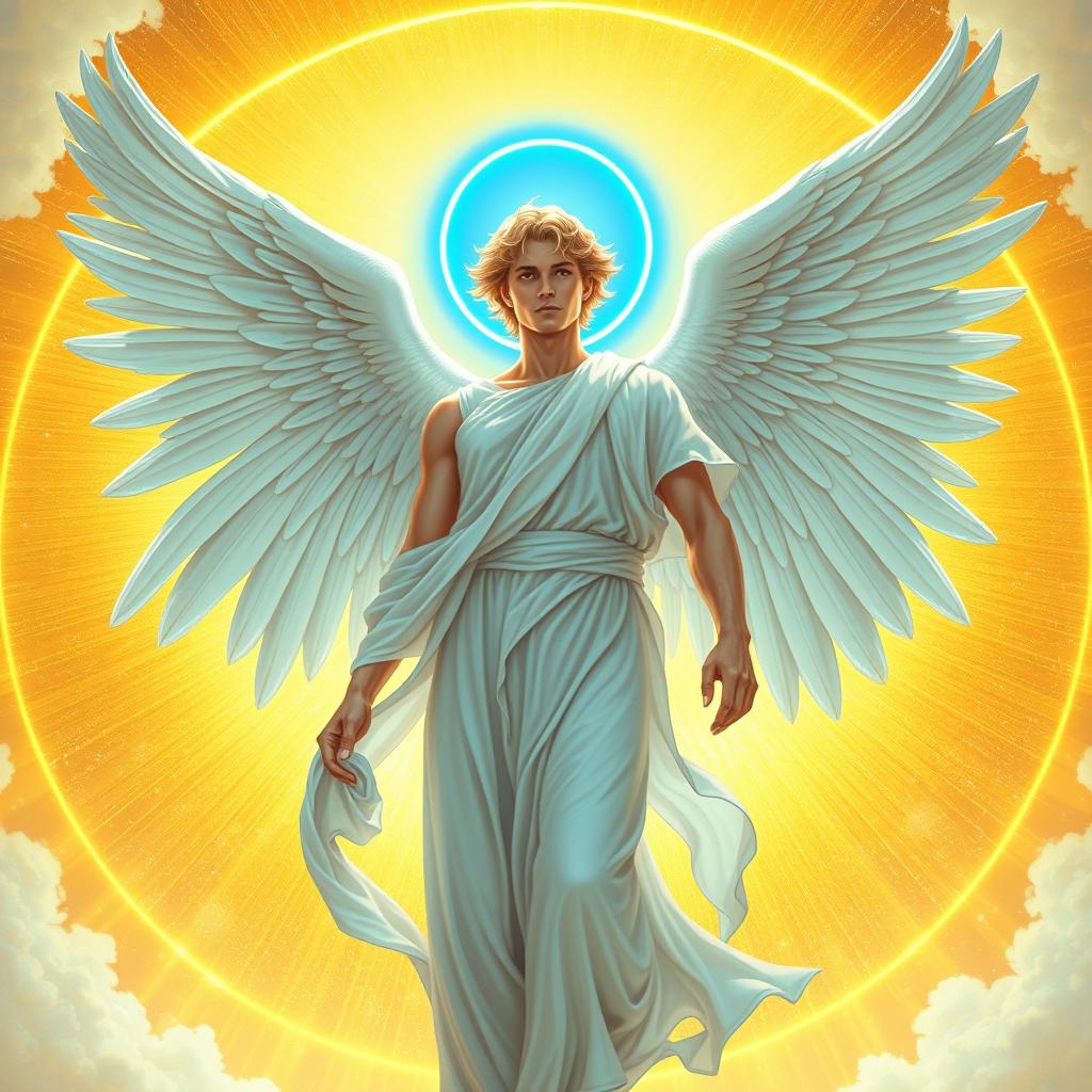 A majestic male angel with a glowing blue halo, standing gracefully amidst a golden sky