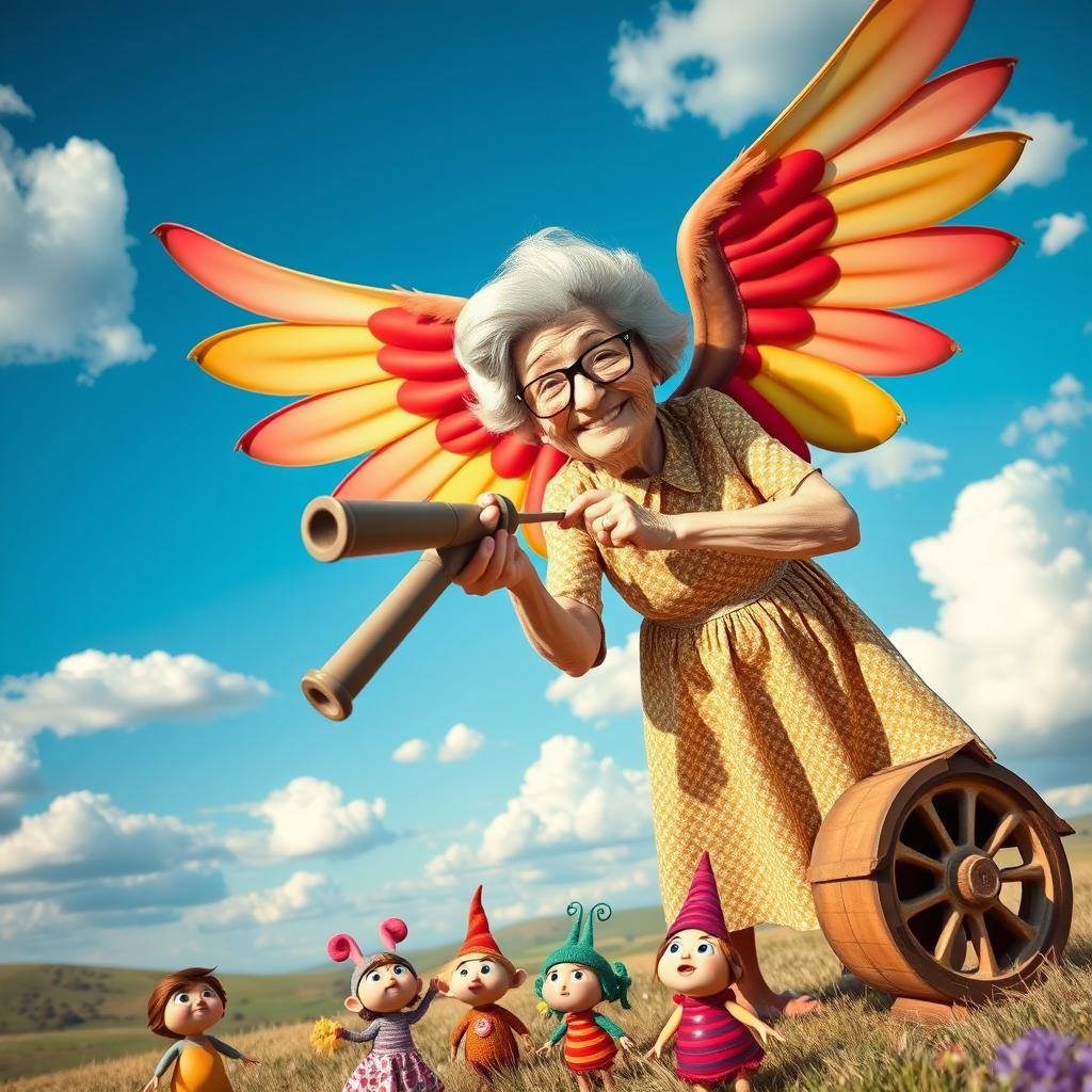 A whimsical scene featuring a grandmother with large, colorful wings