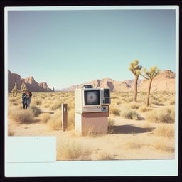 Old Polaroid photo showing an 80s computer on a post in the desert, with a young couple kissing subtly on the side.