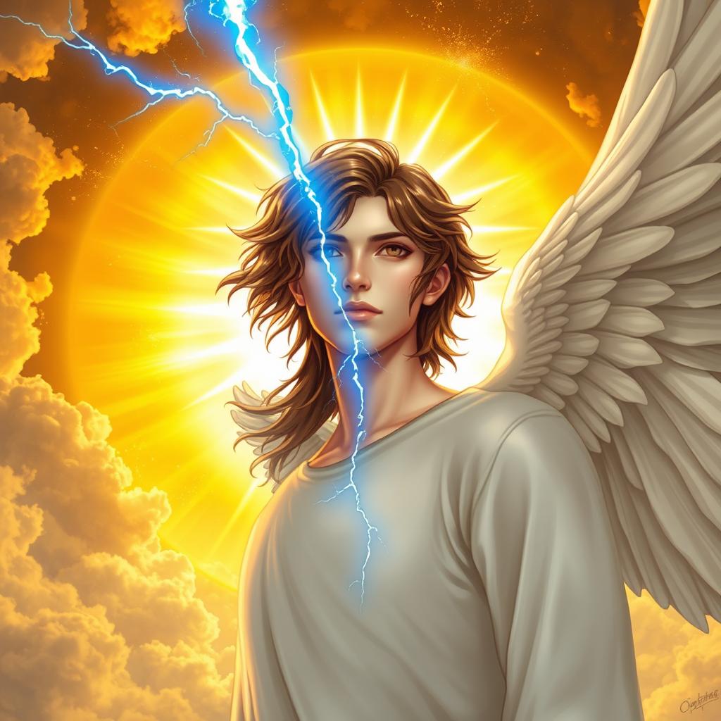 A male angel with brown eyes and brown hair, featuring a radiant blue halo