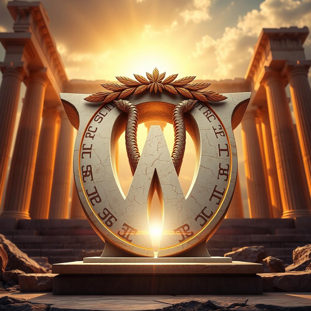 Epic mythological logo of the letter 'W', carved in marble and ancient gold, with dramatic lighting