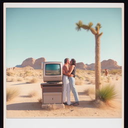 Old Polaroid photo showing an 80s computer on a post in the desert, with a young couple kissing subtly on the side.